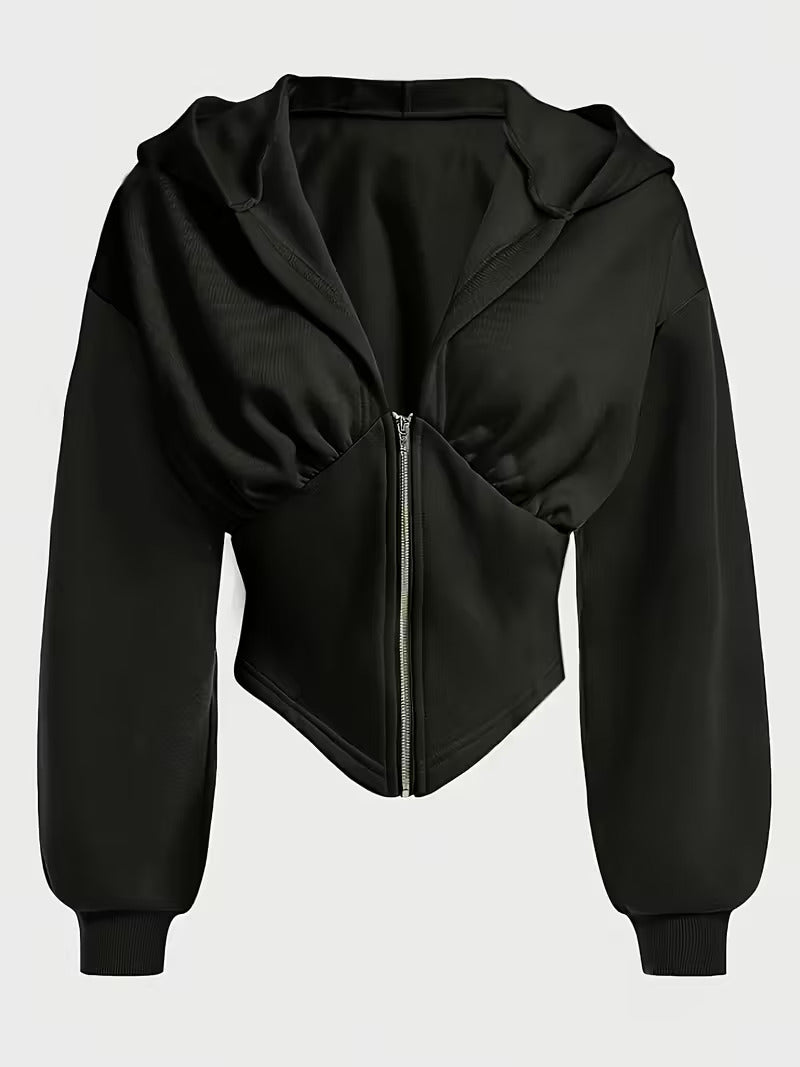 Crop hoodie for women in black with full zip, corset hem, long sleeves and slim fit