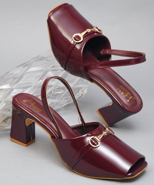 Cherry block heels for women slingback sandals with gold buckle detail and square open toe