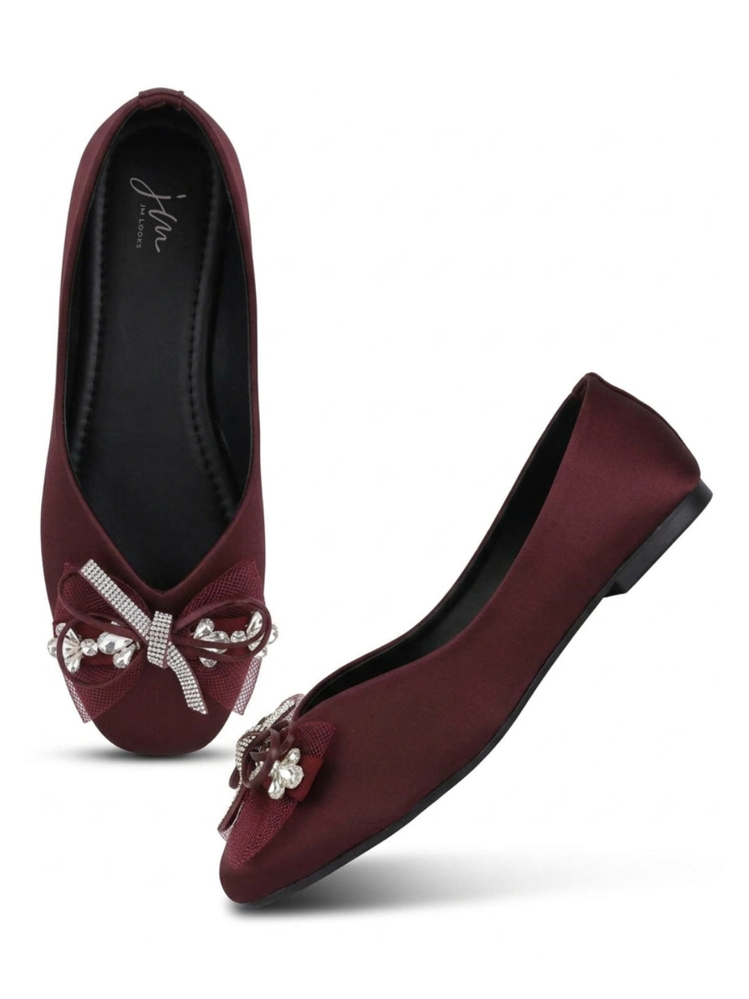 JM LOOKS Pointed Toe Mesh Bow Flat Sandals with Crystal Trim Accent