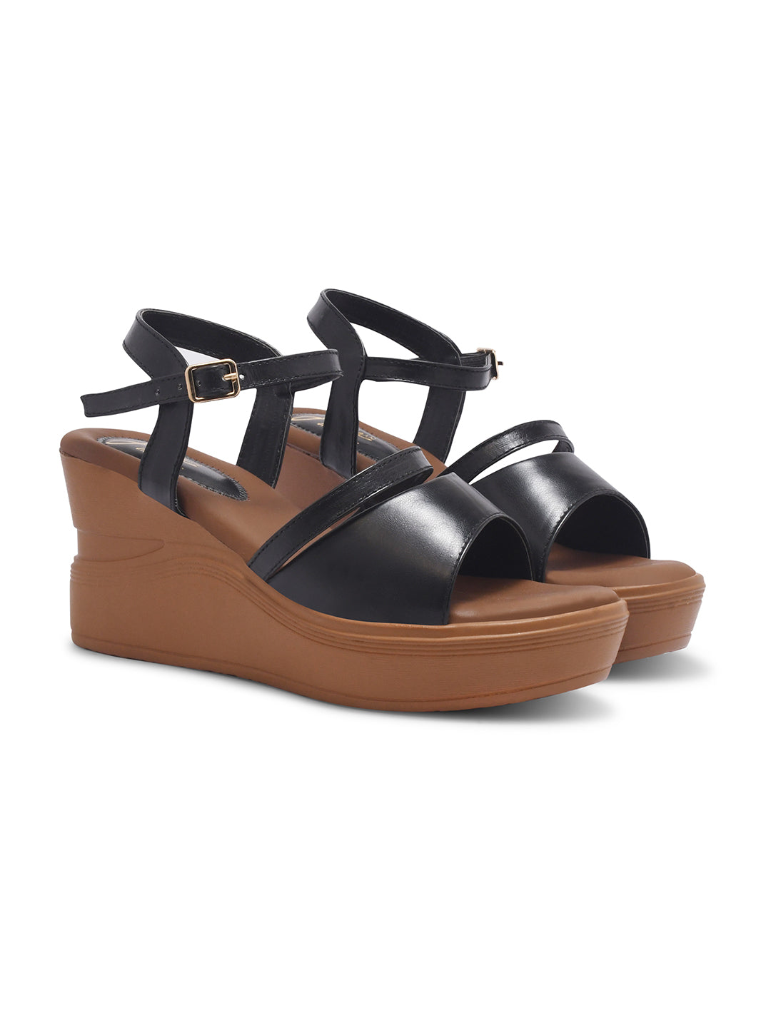 open-toe wedge sandals with a wide forefoot strap and an adjustable ankle strap
 Black