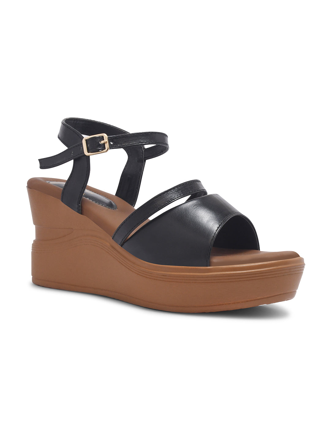 open-toe wedge sandals with a wide forefoot strap and an adjustable ankle strap
 Black