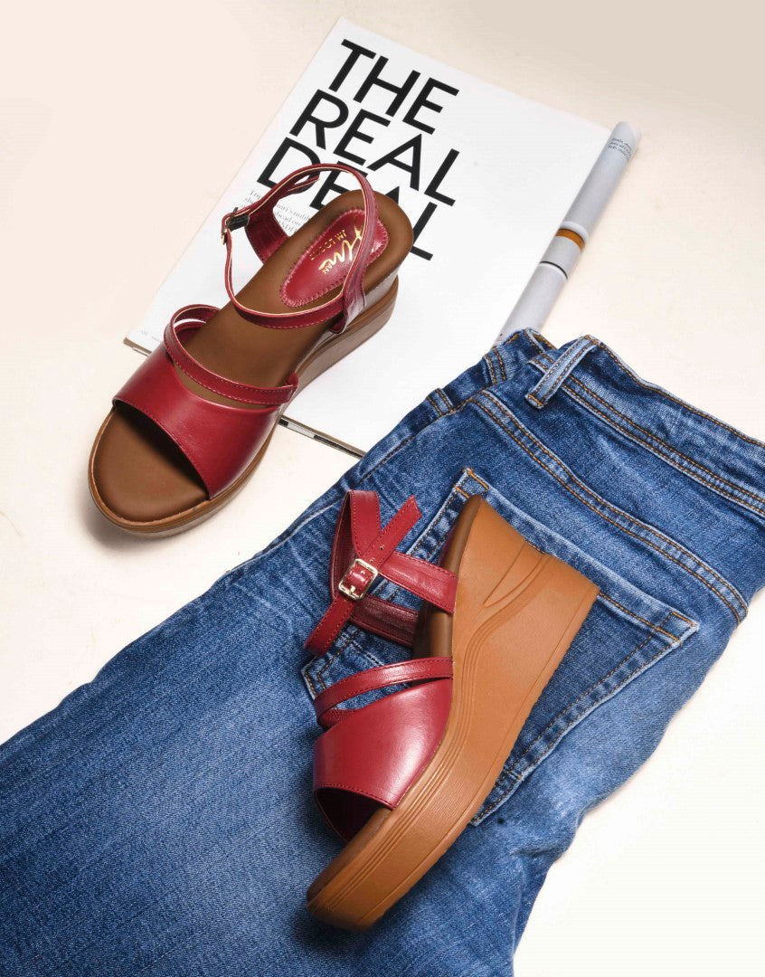 open-toe wedge sandals with a wide forefoot strap and an adjustable ankle strap
 Cherry
