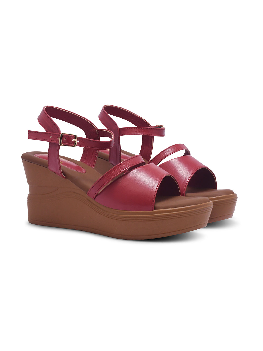open-toe wedge sandals with a wide forefoot strap and an adjustable ankle strap
 Cherry