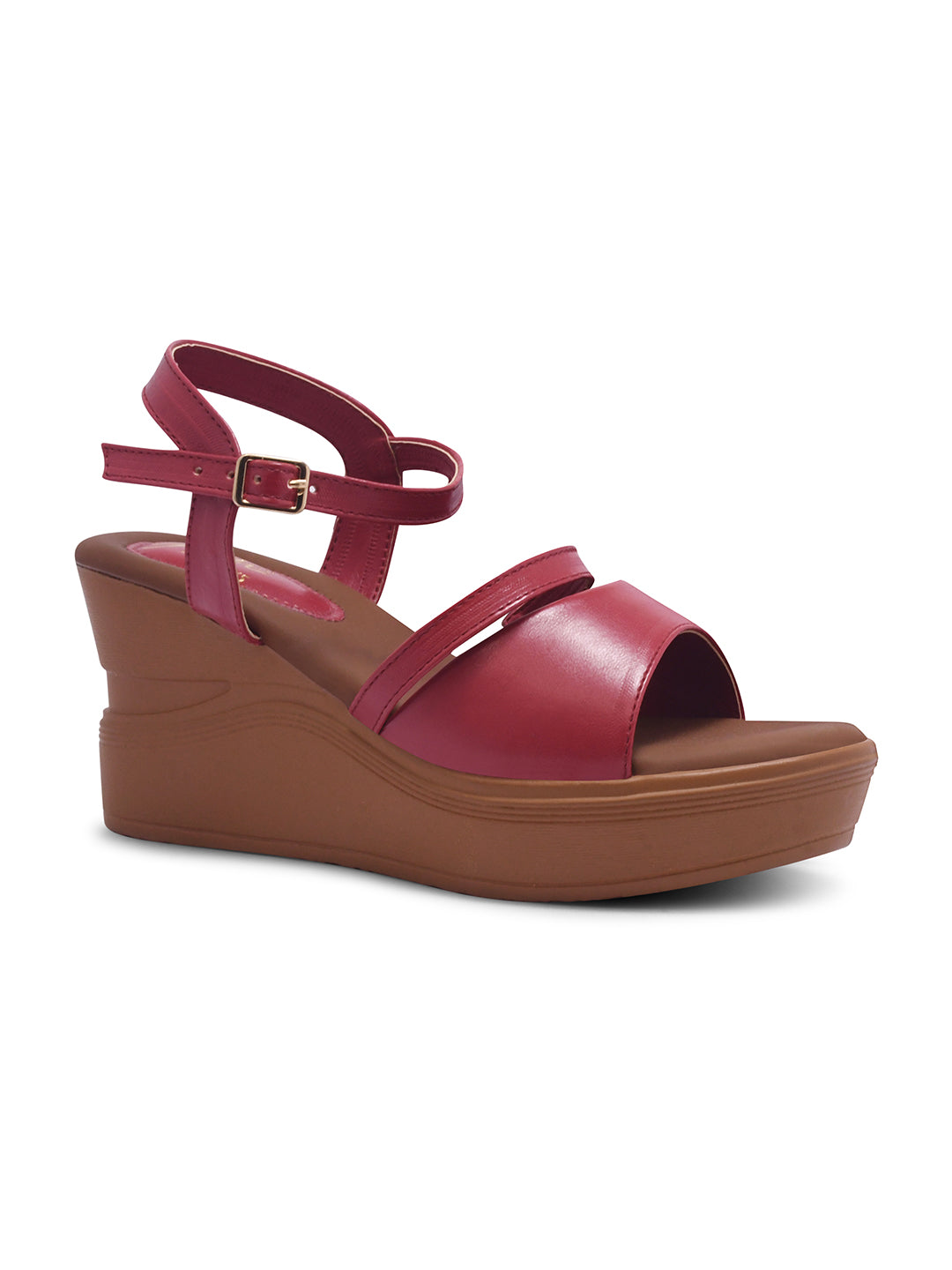 open-toe wedge sandals with a wide forefoot strap and an adjustable ankle strap
 Cherry
