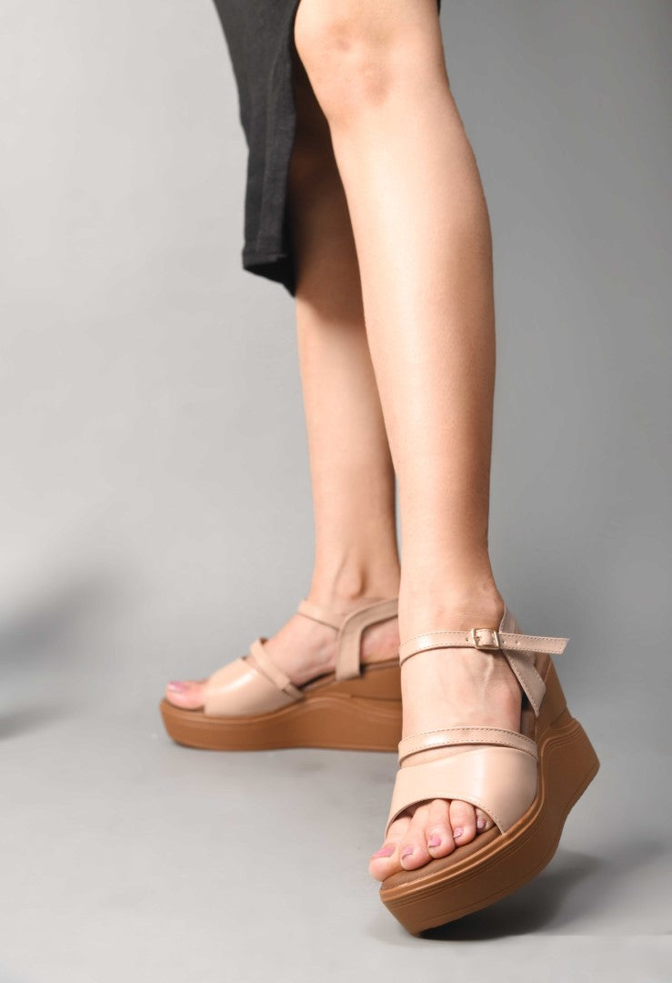 open-toe wedge sandals with a wide forefoot strap and an adjustable ankle strap
 Cream