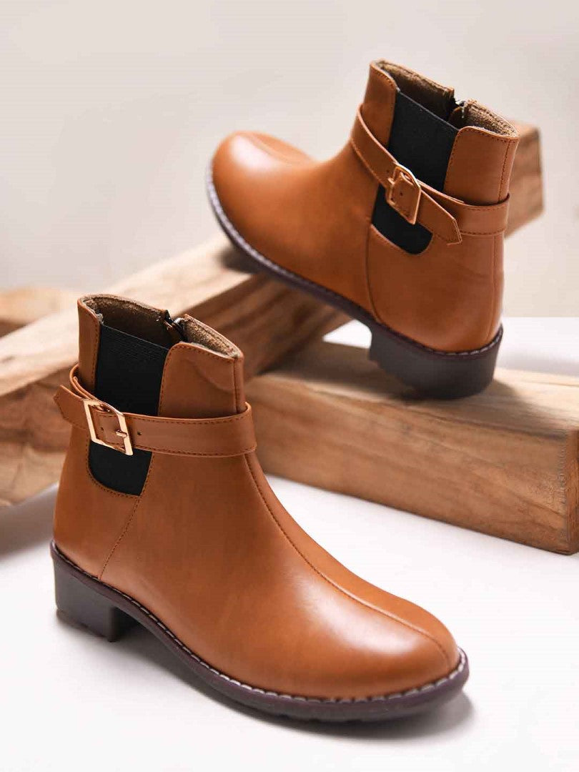 JM Looks women's ankle boots with a decorative buckle strap and a side zipper
 Tan