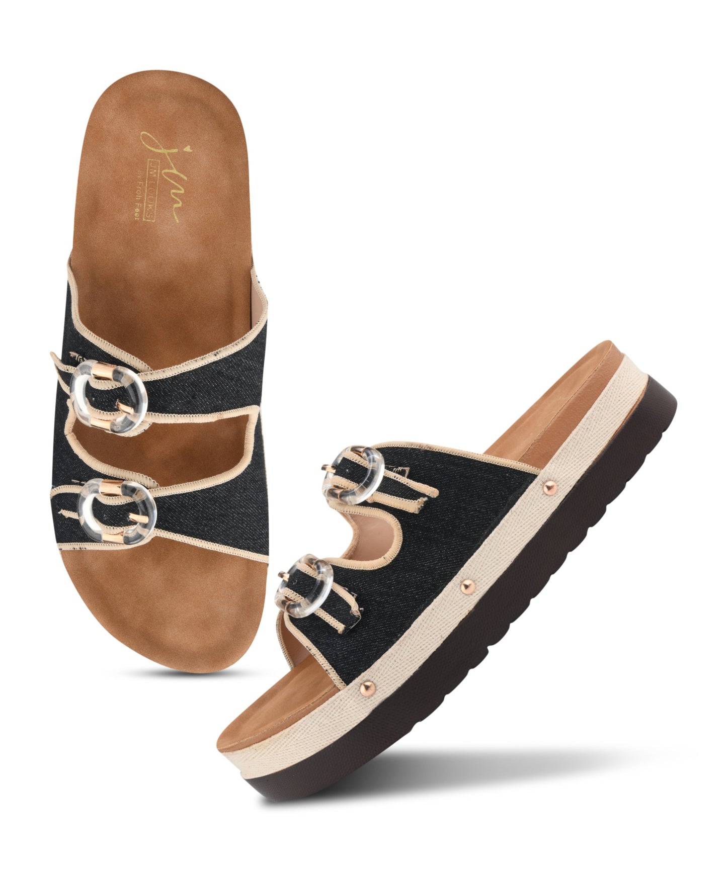 Black denim platform slides for women with dual straps, clear buckles, cushioned tan footbed and chunky sole