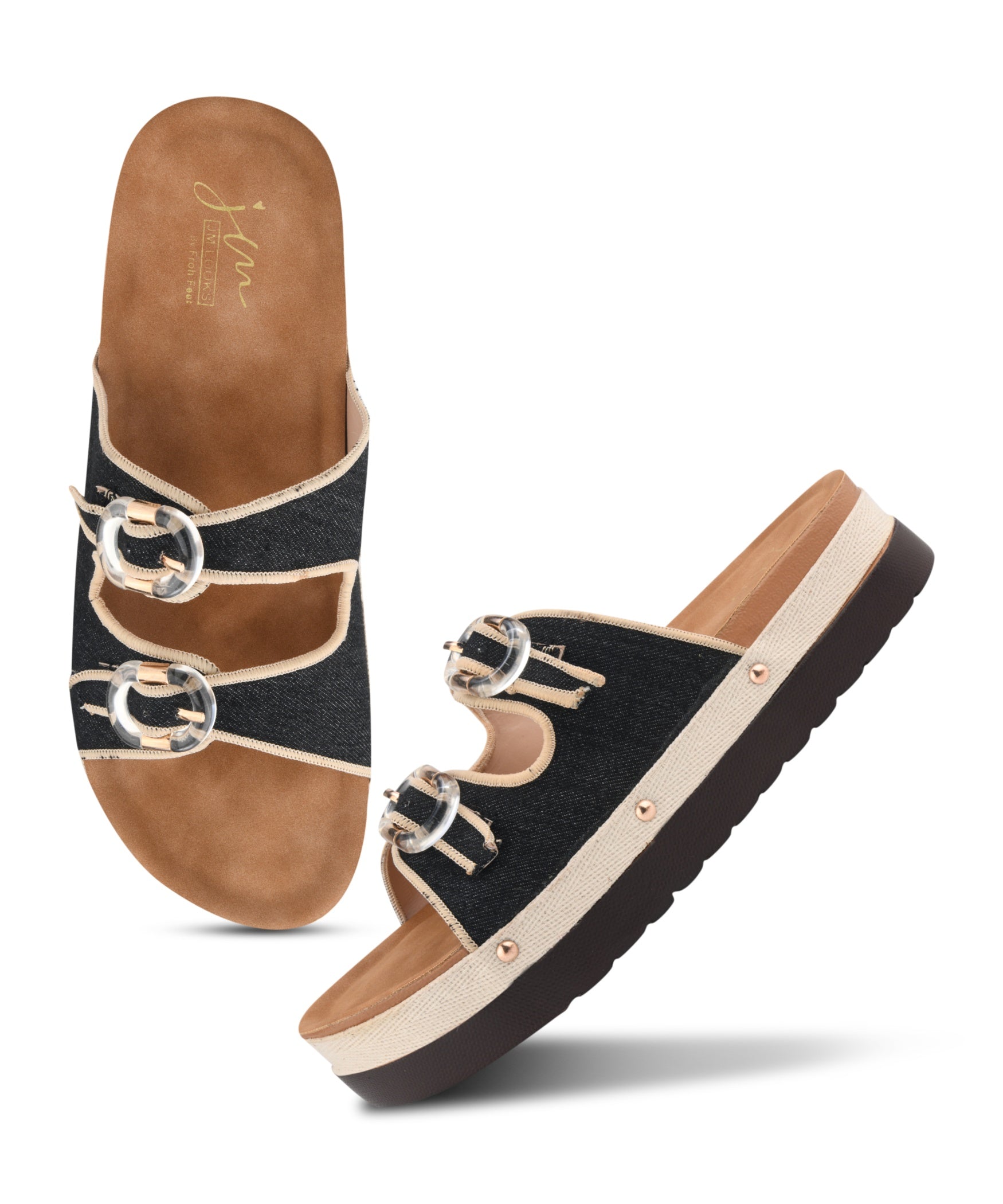 Black denim platform slides for women with dual straps, clear buckles, cushioned tan footbed and chunky sole