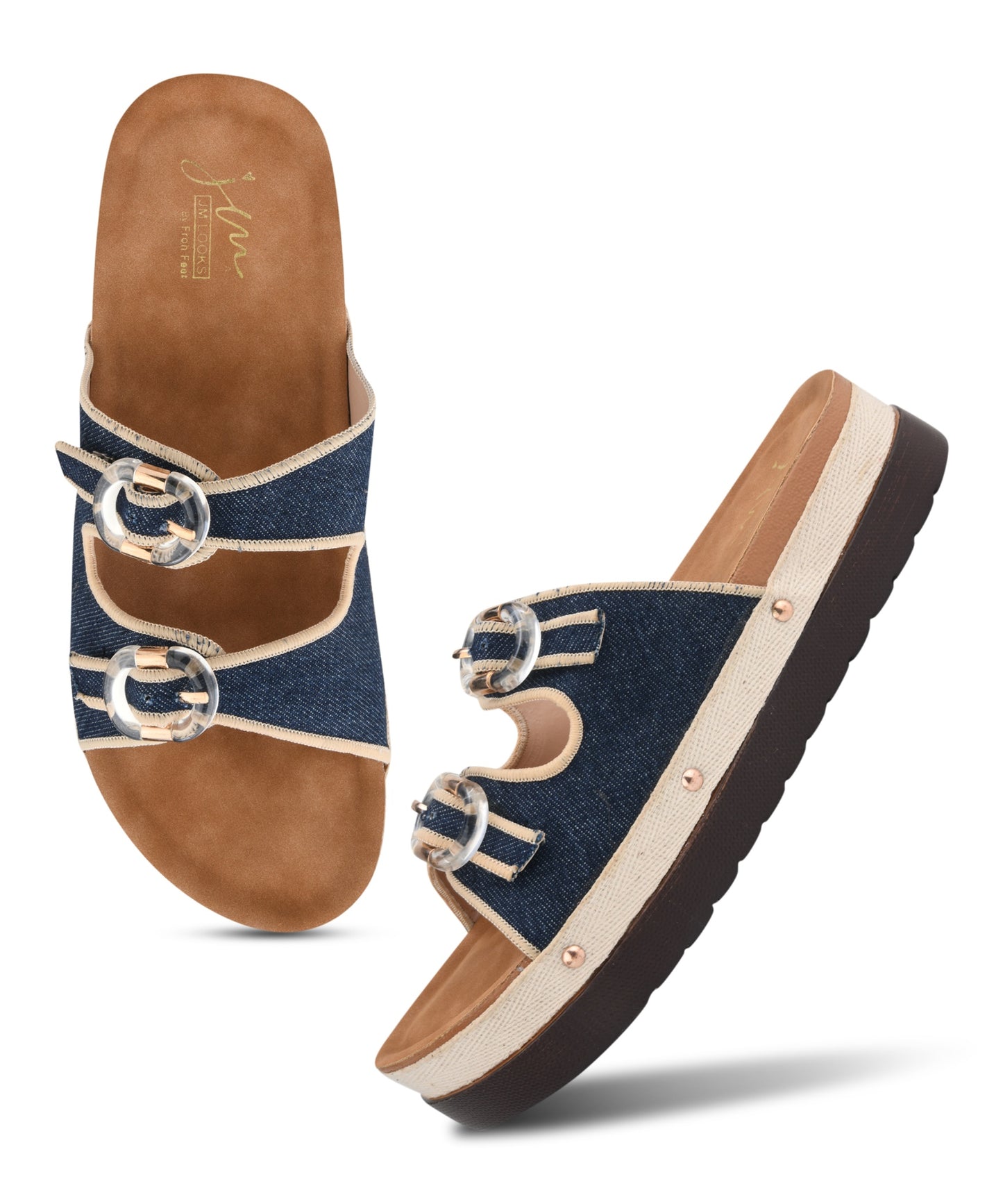 Navy denim platform slides for women with dual straps, clear buckles, cushioned tan footbed and chunky sole