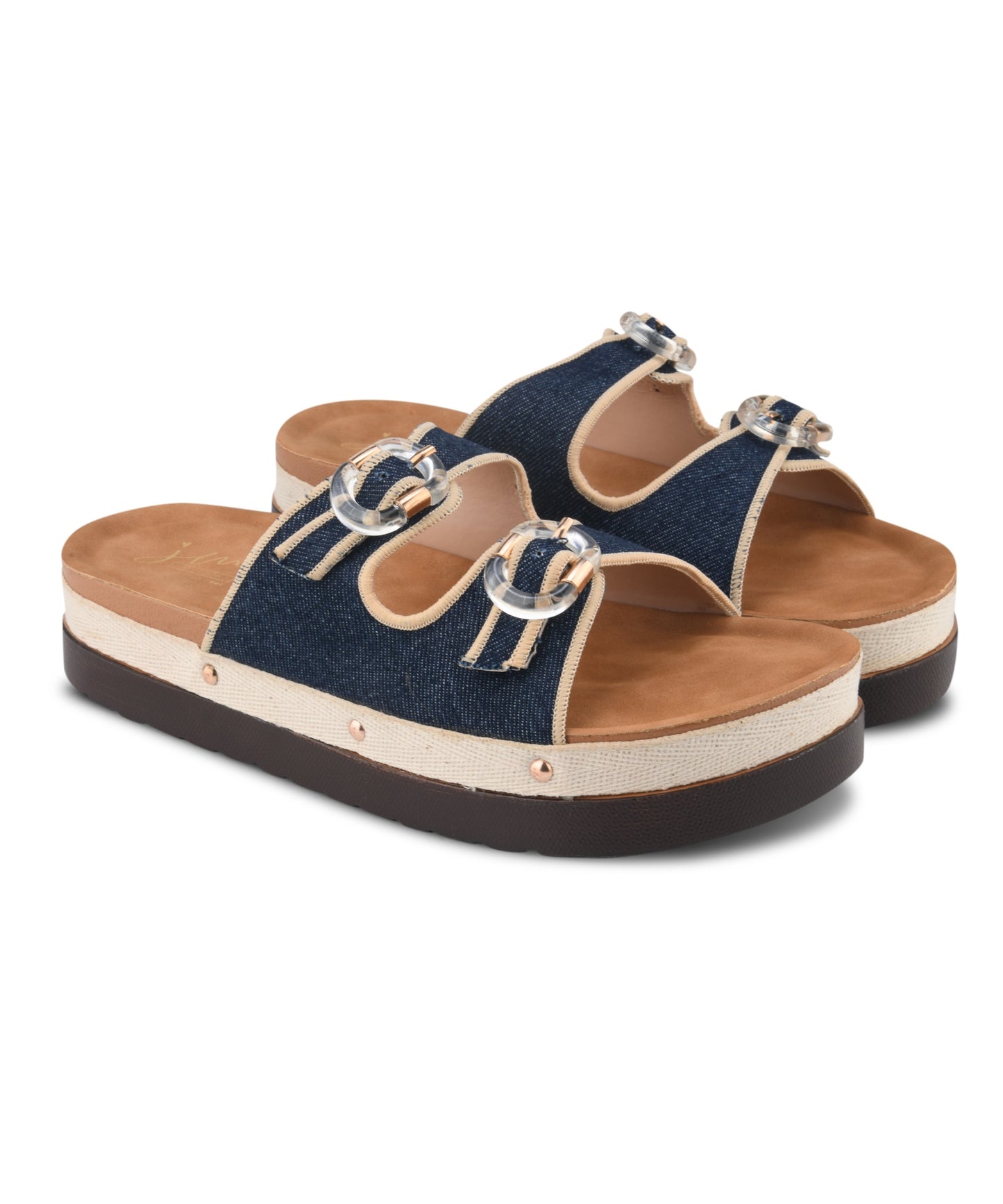 Navy denim platform slides for women with dual straps, clear buckles, cushioned tan footbed and chunky sole
