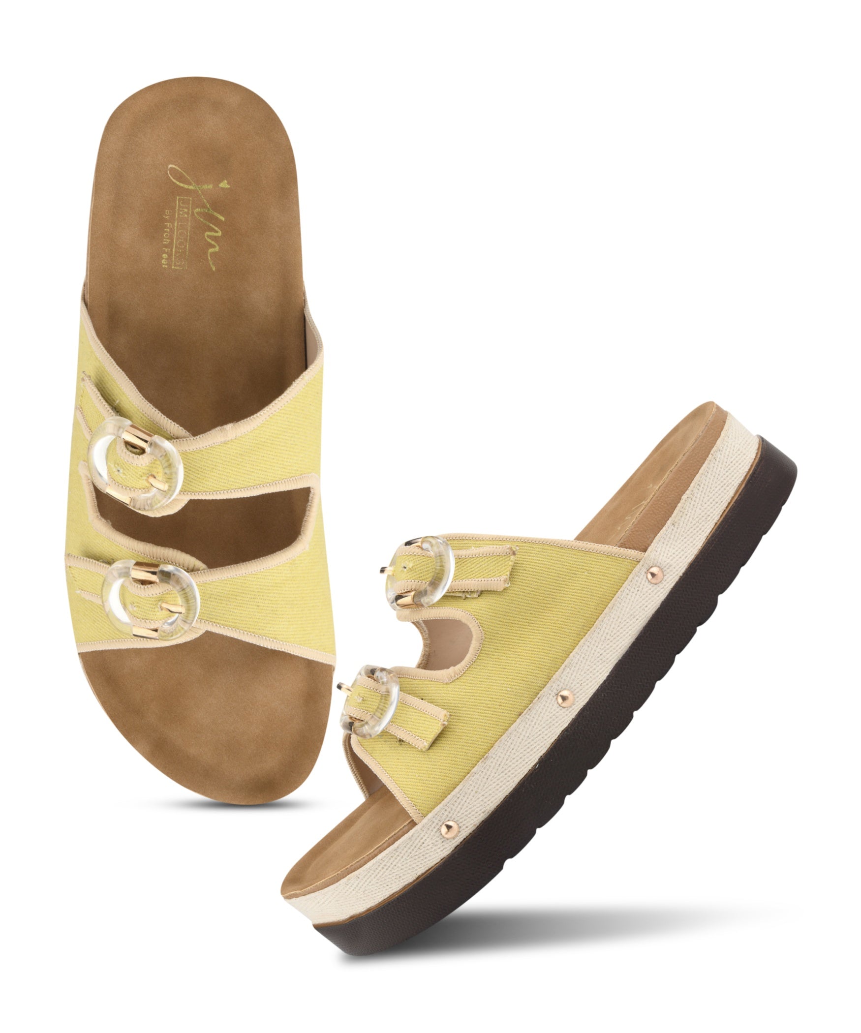 Yellow denim platform slides for women with dual straps, clear buckles, cushioned tan footbed and chunky sole