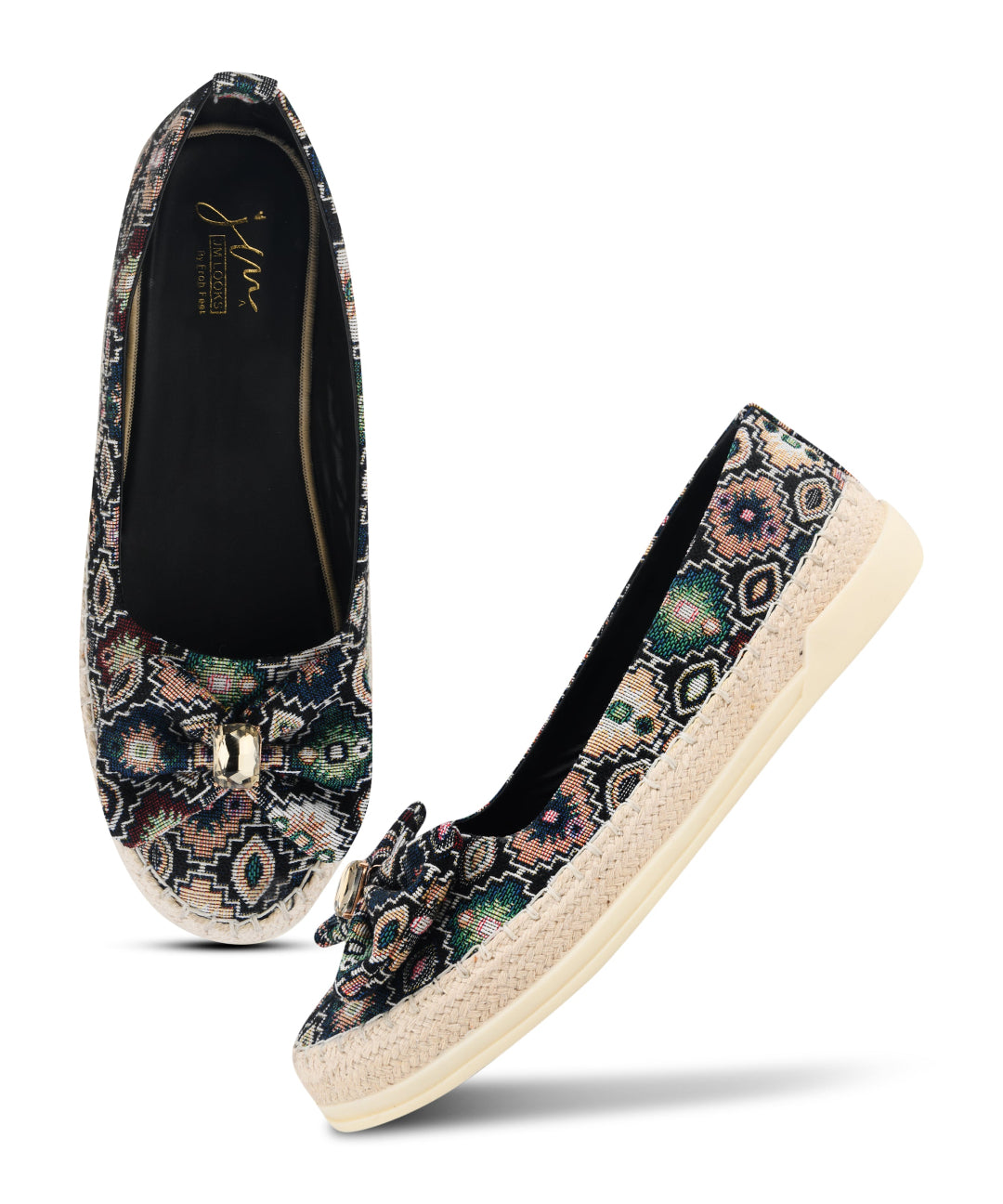 Black Women Printed Slip-On Woven Design Espadrilles Canvas with bow