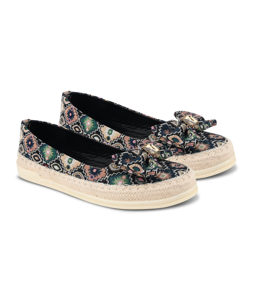 Black Women Printed Slip-On Woven Design Espadrilles Canvas with bow