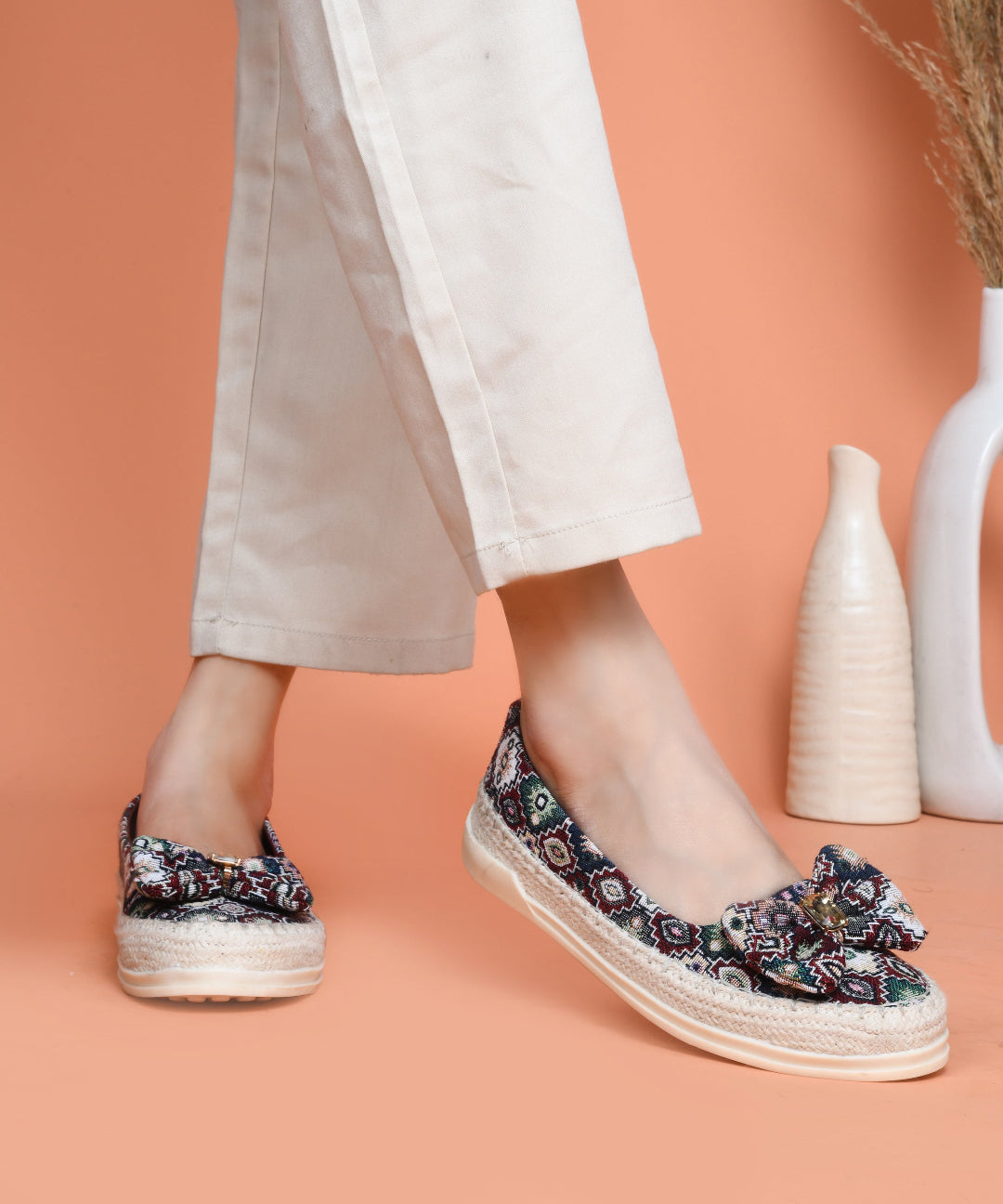 Cherry Women Printed Slip-On Woven Design Espadrilles Canvas with bow