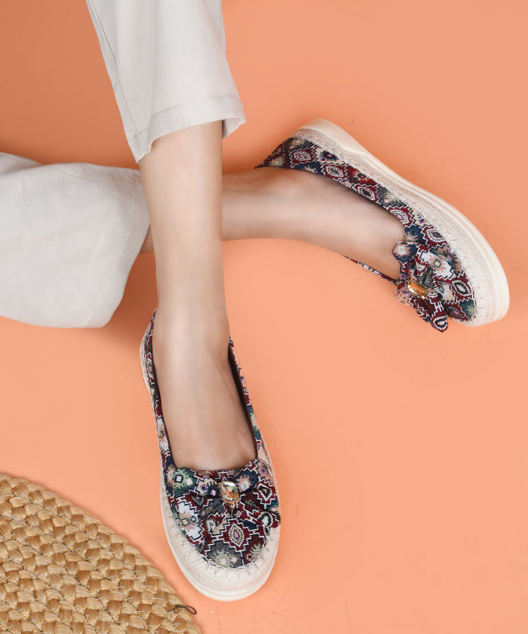 Cherry Women Printed Slip-On Woven Design Espadrilles Canvas with bow