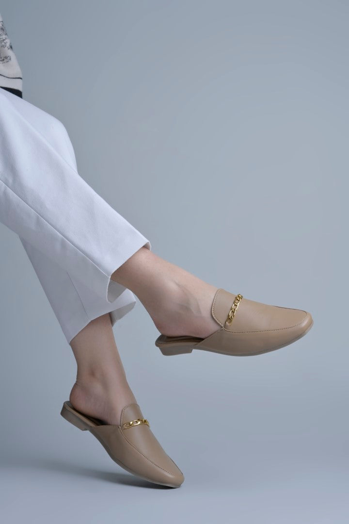 Jm Looks dual-strap flat slides in a neutral tone
 Chikoo