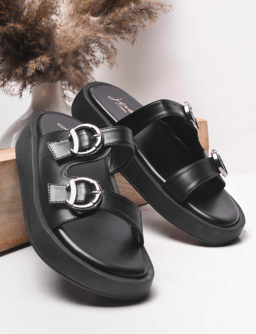 JM Looks platform slides with two adjustable buckle straps and a matching sole
 Black