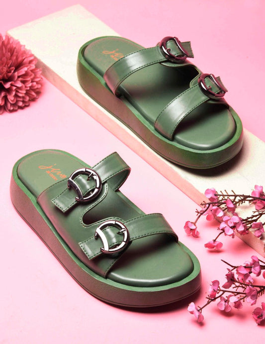 JM Looks platform slides with two adjustable buckle straps and a matching sole
 Green