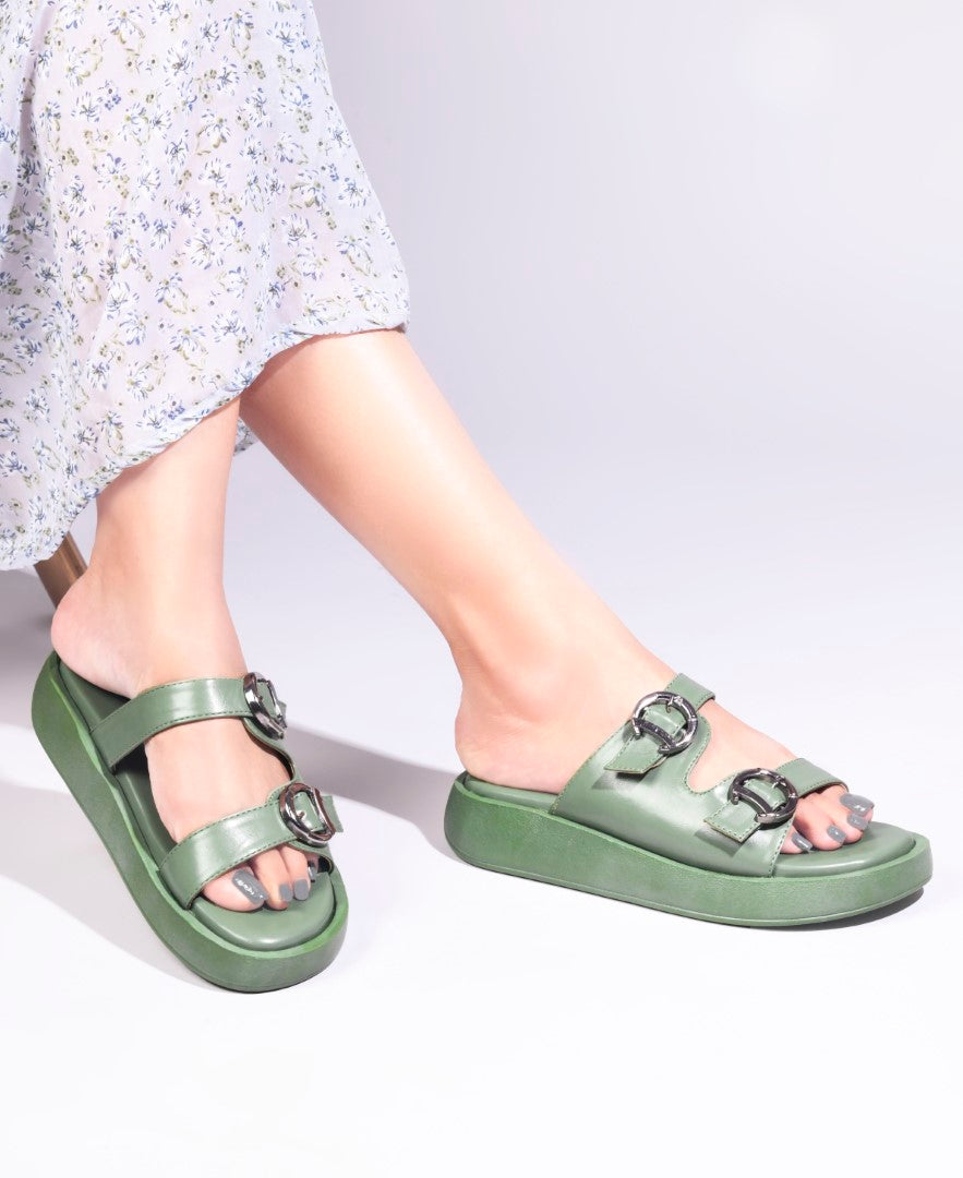 JM Looks platform slides with two adjustable buckle straps and a matching sole
 Green