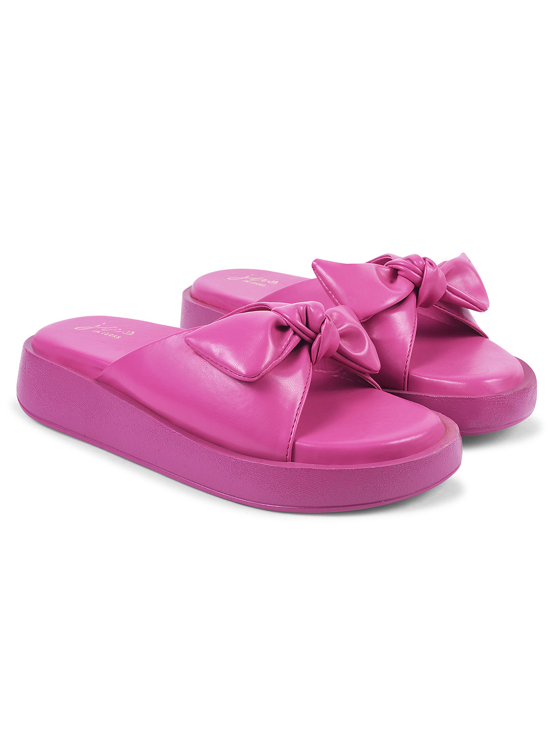 JM Looks women's platform slides with a large bow detail on the strap
 Pink