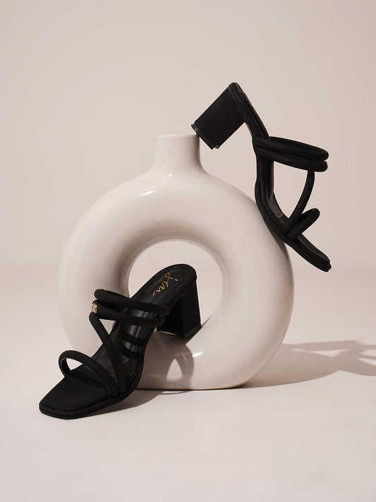 BLACK Women square Open toe Strappy Chunky Block Heel Slides with Cushioned Sole