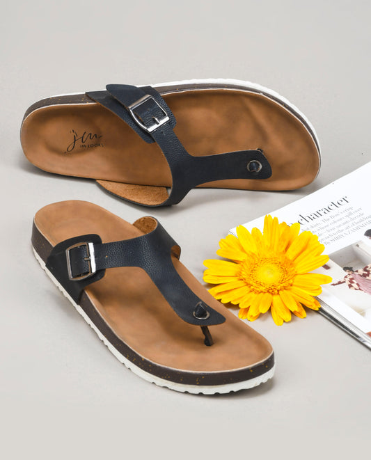 women's thong sandals with an adjustable buckle strap and a contoured footbed
 Black