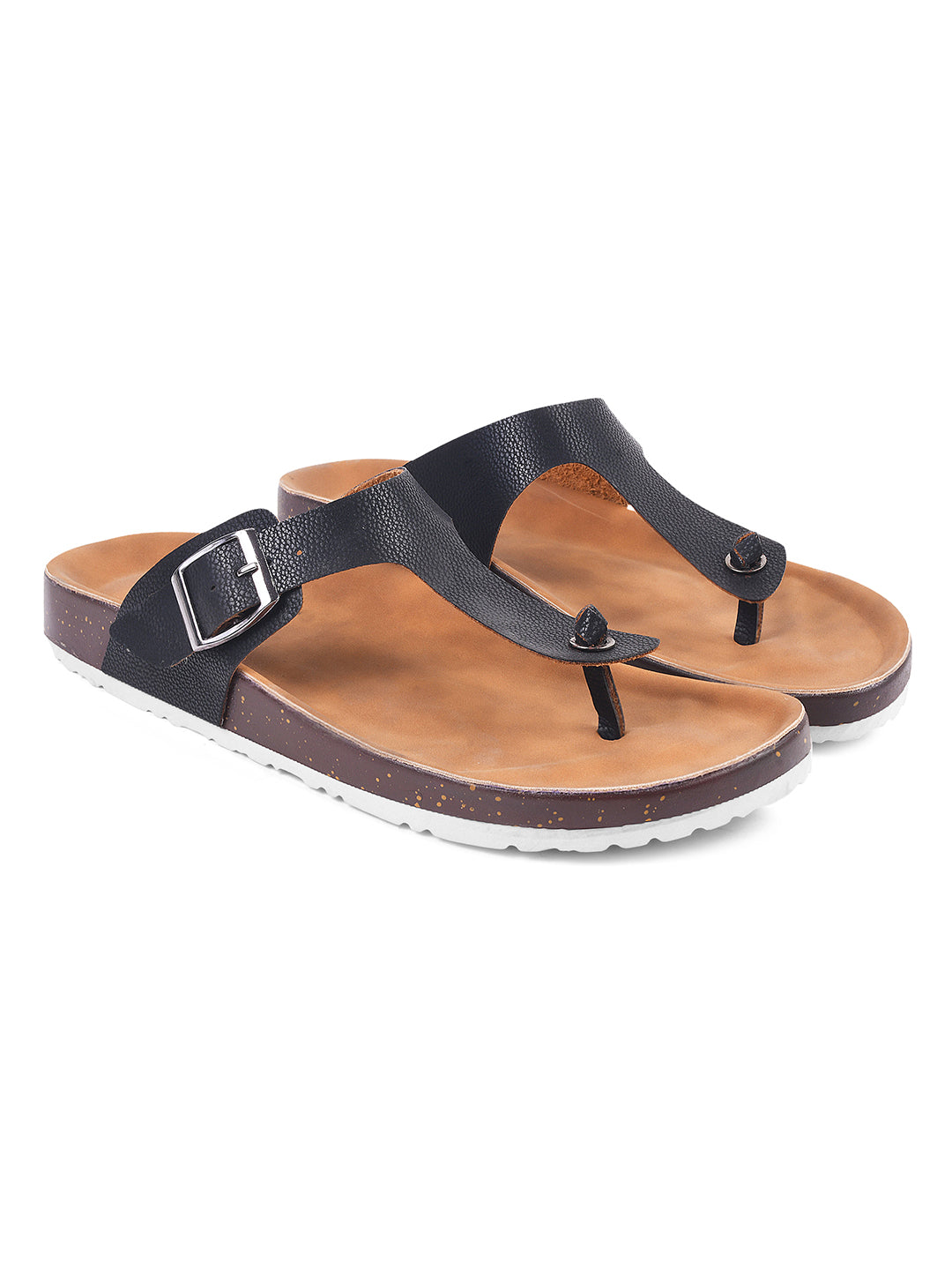 women's thong sandals with an adjustable buckle strap and a contoured footbed
 Black