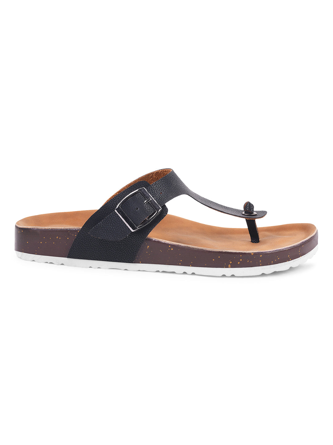 women's thong sandals with an adjustable buckle strap and a contoured footbed
 Black