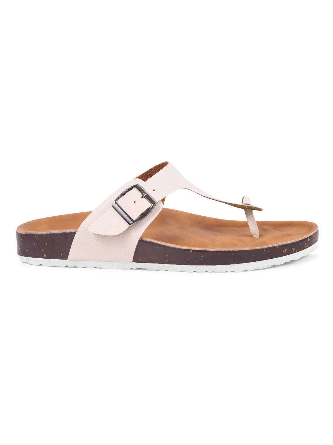women's thong sandals with an adjustable buckle strap and a contoured footbed
 Cream