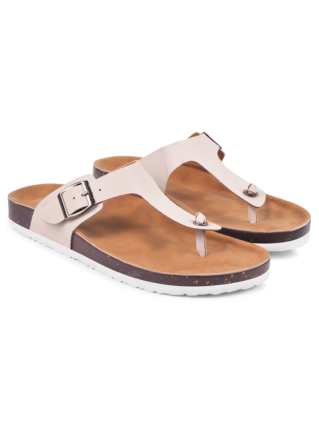 women's thong sandals with an adjustable buckle strap and a contoured footbed
 Cream