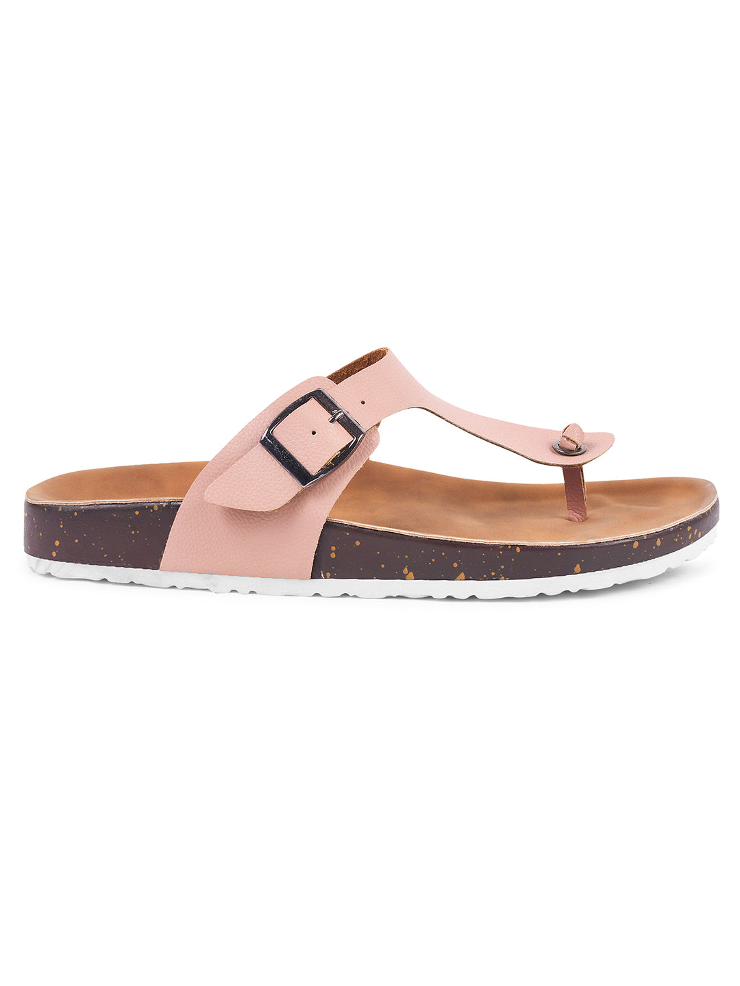women's thong sandals with an adjustable buckle strap and a contoured footbed
 Nude