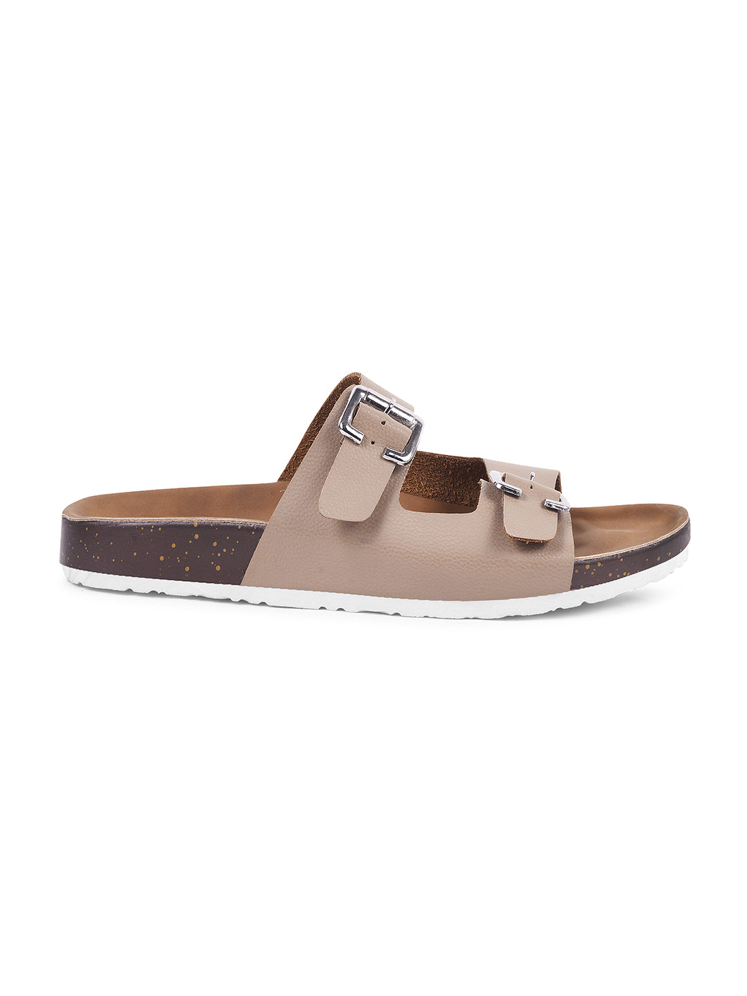 JM Looks slide sandals with two adjustable buckle straps and a layered sole
 Beige
