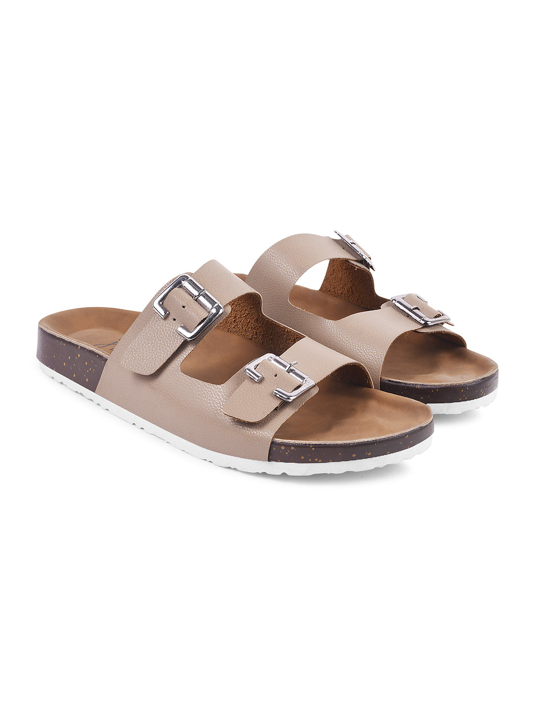 JM Looks slide sandals with two adjustable buckle straps and a layered sole
 Beige