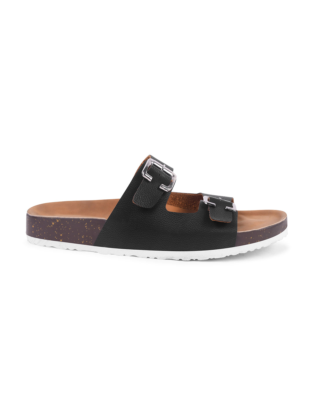 JM Looks slide sandals with two adjustable buckle straps and a layered sole
 Black