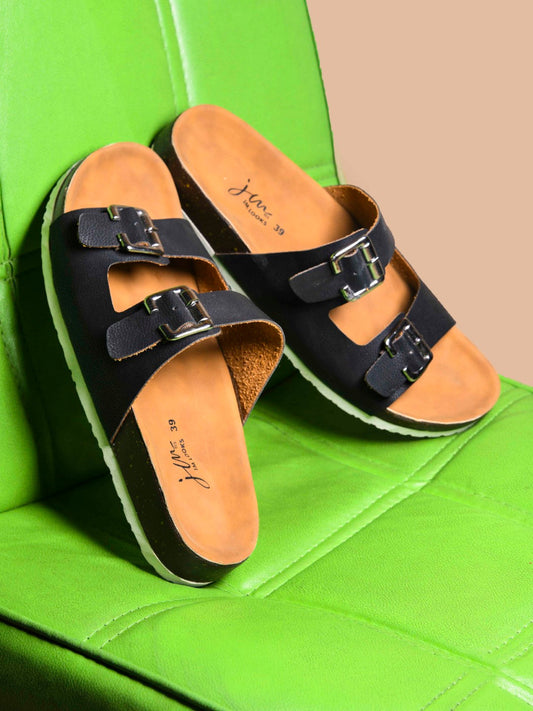JM Looks slide sandals with two adjustable buckle straps and a layered sole
 Black