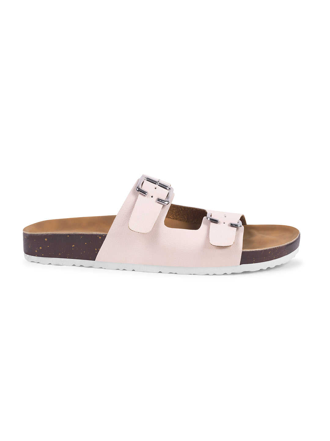 JM Looks slide sandals with two adjustable buckle straps and a layered sole
 Cream