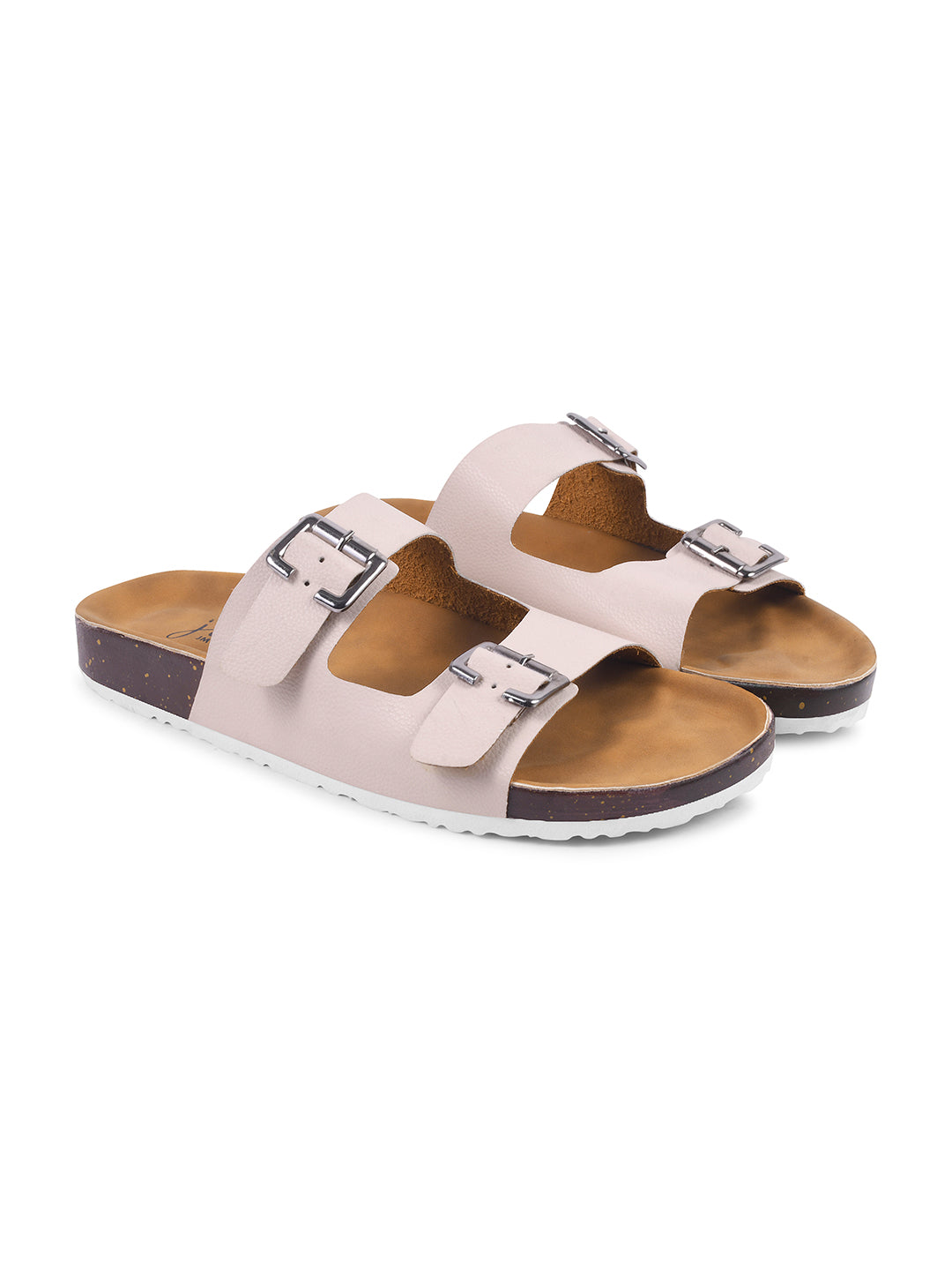 JM Looks slide sandals with two adjustable buckle straps and a layered sole
 Cream