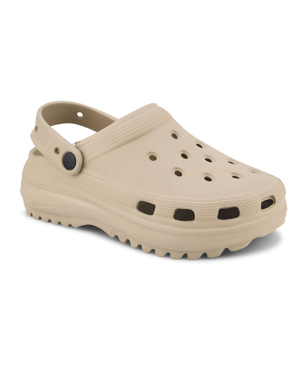Clogs for women in beige with breathable holes, adjustable back strap and chunky treaded platform sole