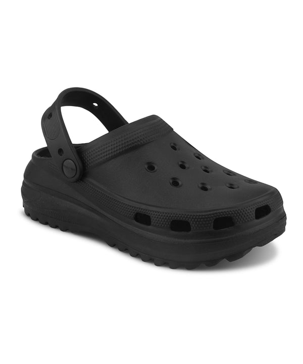 Clogs for women in black with breathable holes, adjustable back strap and chunky treaded platform sole