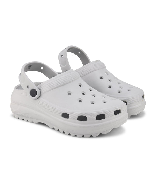 Clogs for women in grey with breathable holes, adjustable back strap and chunky treaded platform sole