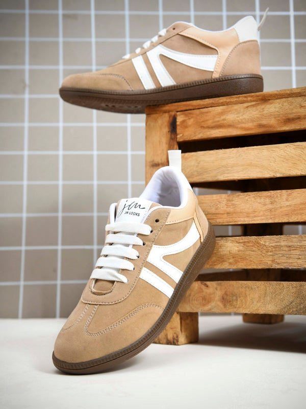Beige casual sneakers for women featuring white side stripes retro low-top design and brown gum sole