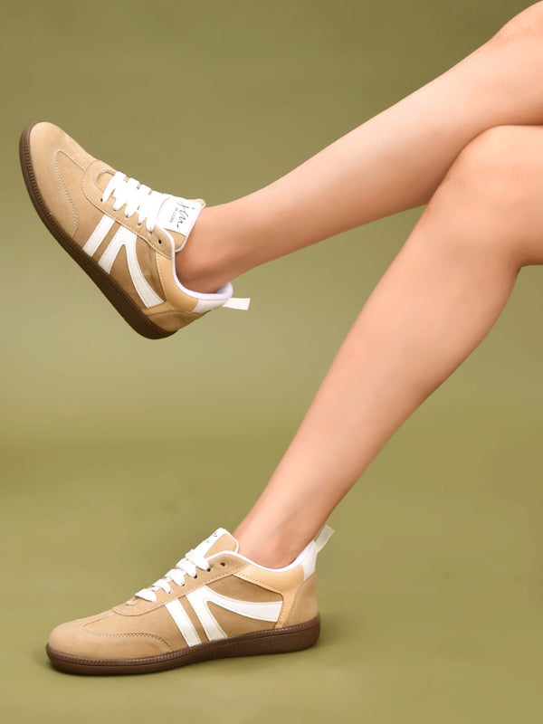 Beige casual sneakers for women featuring white side stripes retro low-top design and brown gum sole