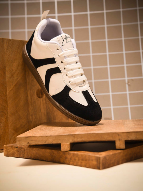 Black-White Colorblock Trainer Sneakers for Women lace-up suede panel casual stylish shoes