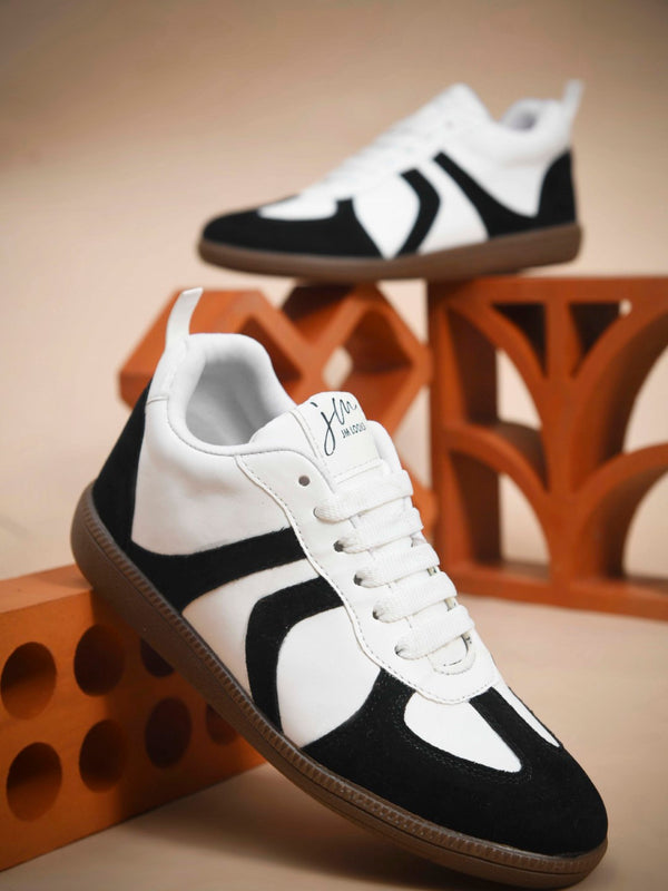 Black-White Colorblock Trainer Sneakers for Women lace-up suede panel casual stylish shoes
