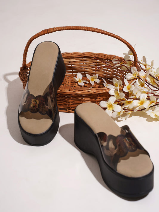 Transparent Printed Platform wedge Sandals Black