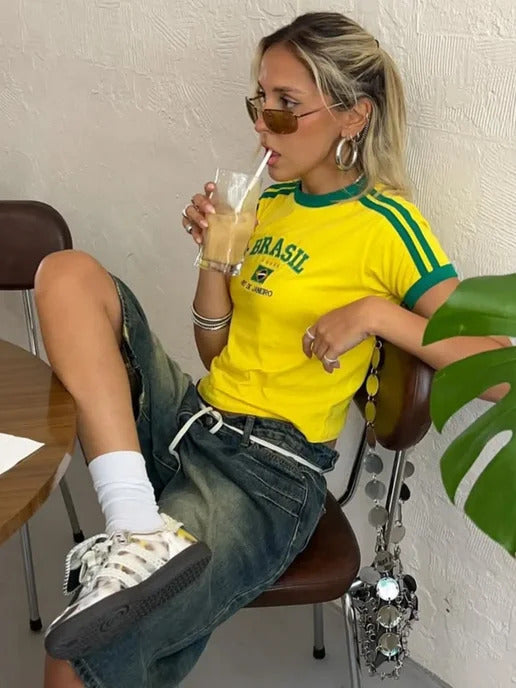 Brazil graphic V-neck crop top for women in yellow and green with flag print and contrast trim