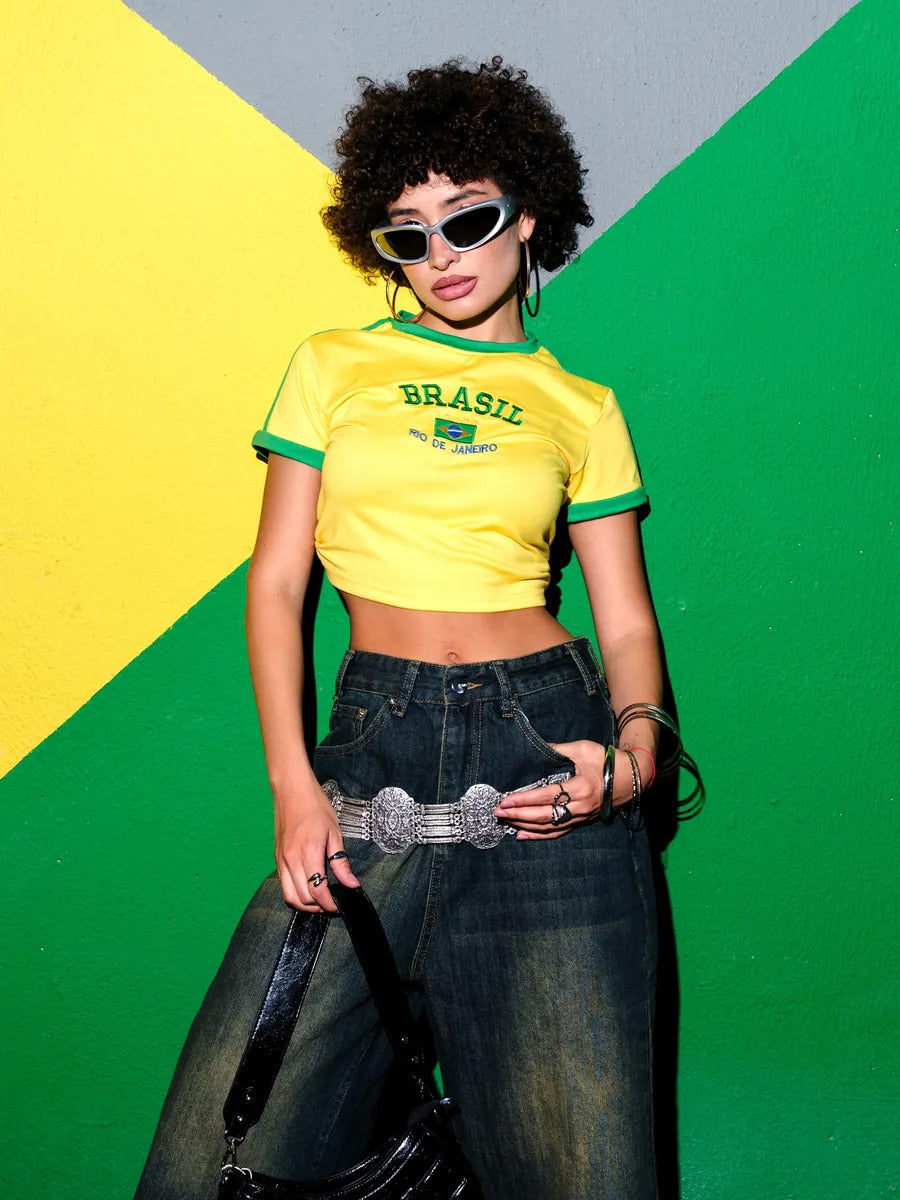 Yellow-Green brazil crop top for women featuring contrast trim, graphic print, fitted short sleeves, casual sporty aesthetic.