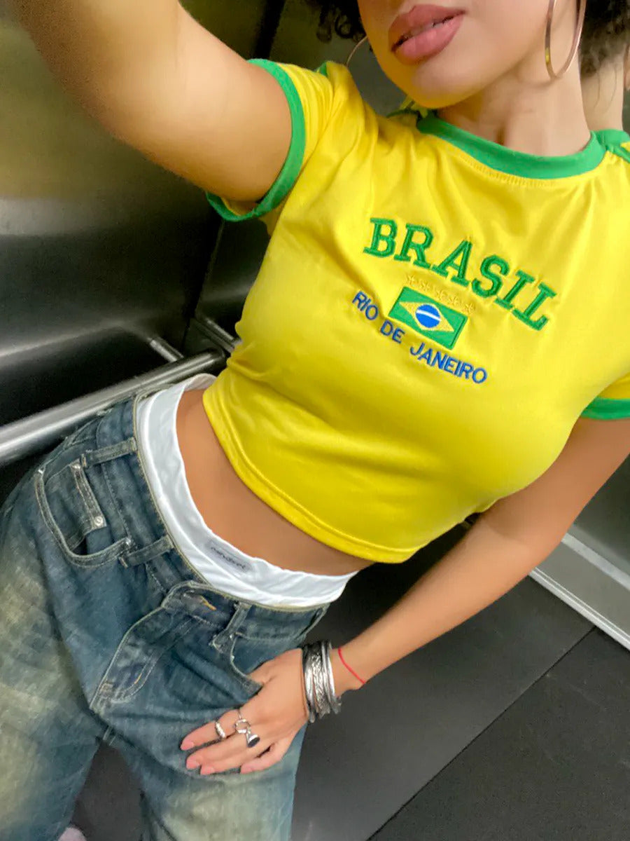 Yellow-Green brazil crop top for women featuring contrast trim, graphic print, fitted short sleeves, casual sporty aesthetic.
