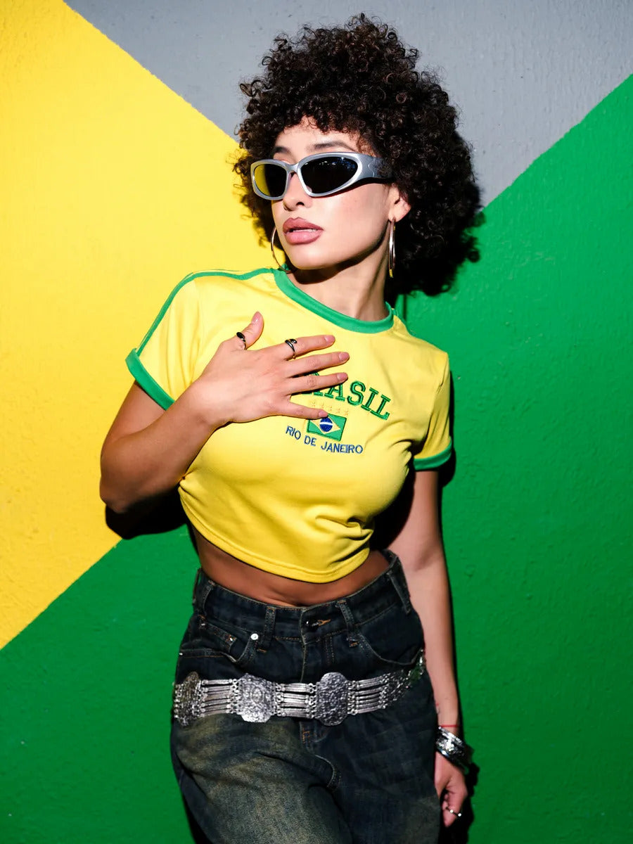 Yellow-Green brazil crop top for women featuring contrast trim, graphic print, fitted short sleeves, casual sporty aesthetic.