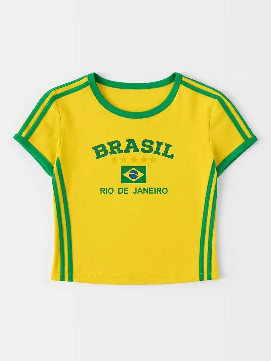 Yellow-Green brazil crop top for women featuring contrast trim, graphic print, fitted short sleeves, casual sporty aesthetic.